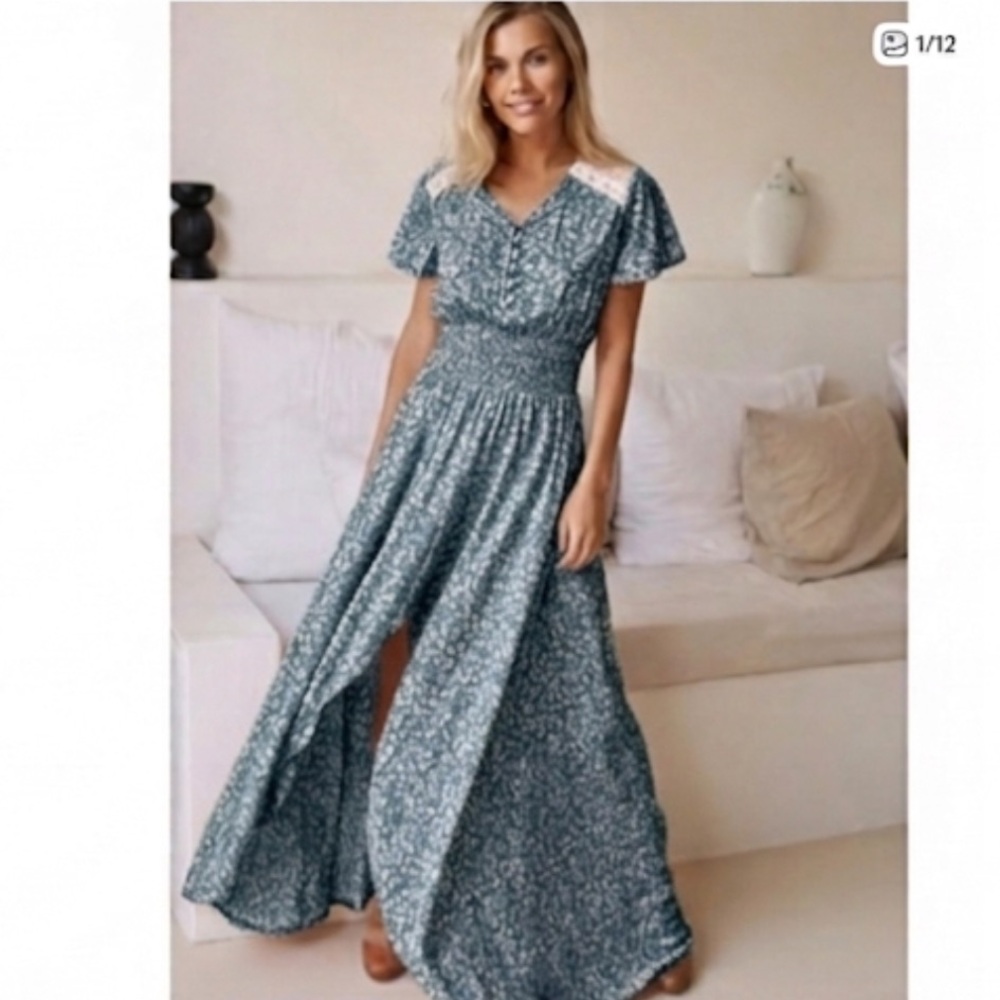 BALI ELF Del Sol blue Floral Maxi Dress Handmade Size XL